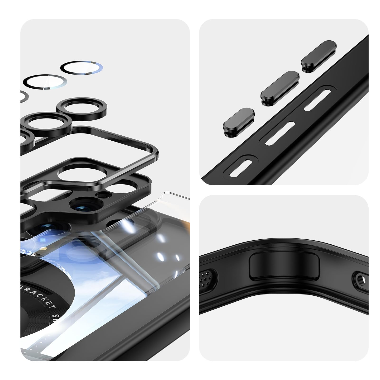 Etui do Samsung Galaxy S24 Ultra/S24 Plus/S24, obrotowa magnetyczna podpórka, przezroczyste etui na telefon, wytrzymała, ochrona przed upadkiem, odporne na wstrząsy, szare, S24 Ultra