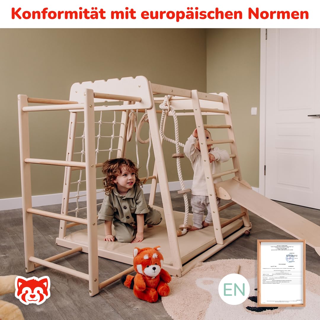 WoodandHearts Jungle Gym, Holzkletterer, Spielbereich: Schaukelrampe, Kletterseil, Klettergerüst, Turnringe, Kinderschaukel, Spielmatte in Beige