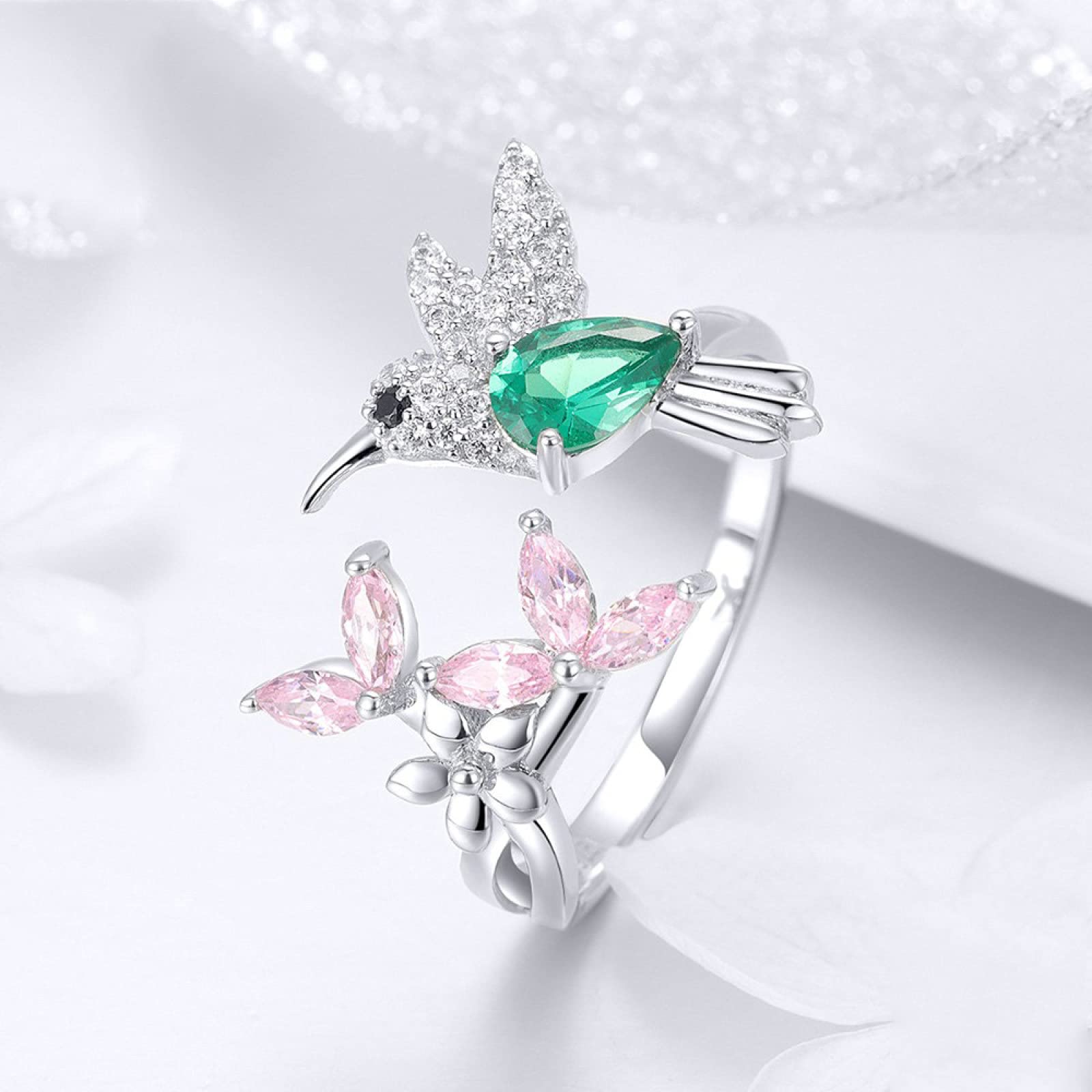 Adjustable 925 Silver Ring For Ladies - Charm Bird Hummingbirds Flower Clear Open Finger Ring,Simple Style Trend Jewelry For Women Wedding Party Gift