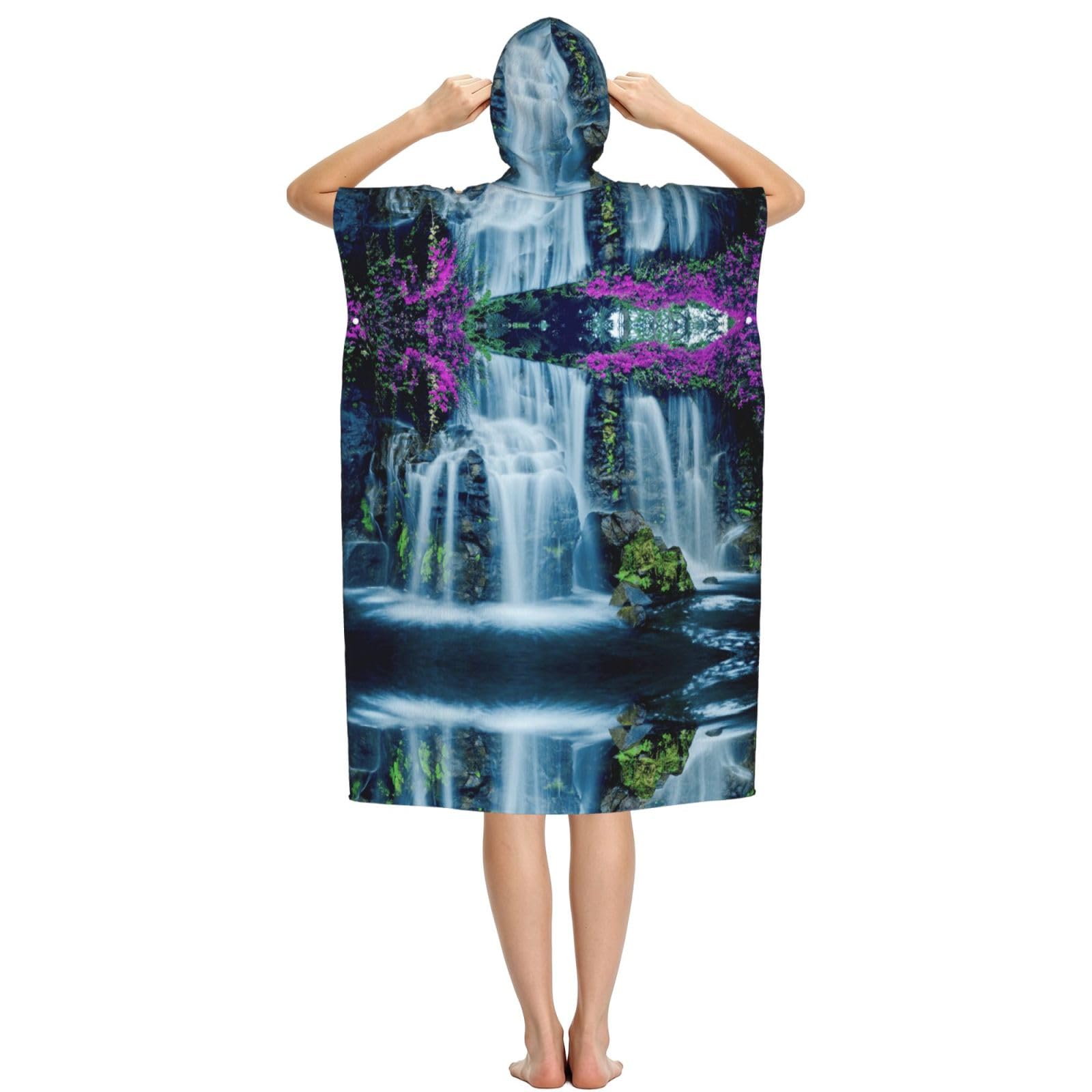 Strandtuch mit Kapuze und Wasserfall- und Blumendruck, Poncho für Erwachsene, Mikrofaser, Umkleidemantel, Bademantel, Sommer, Strandtuch