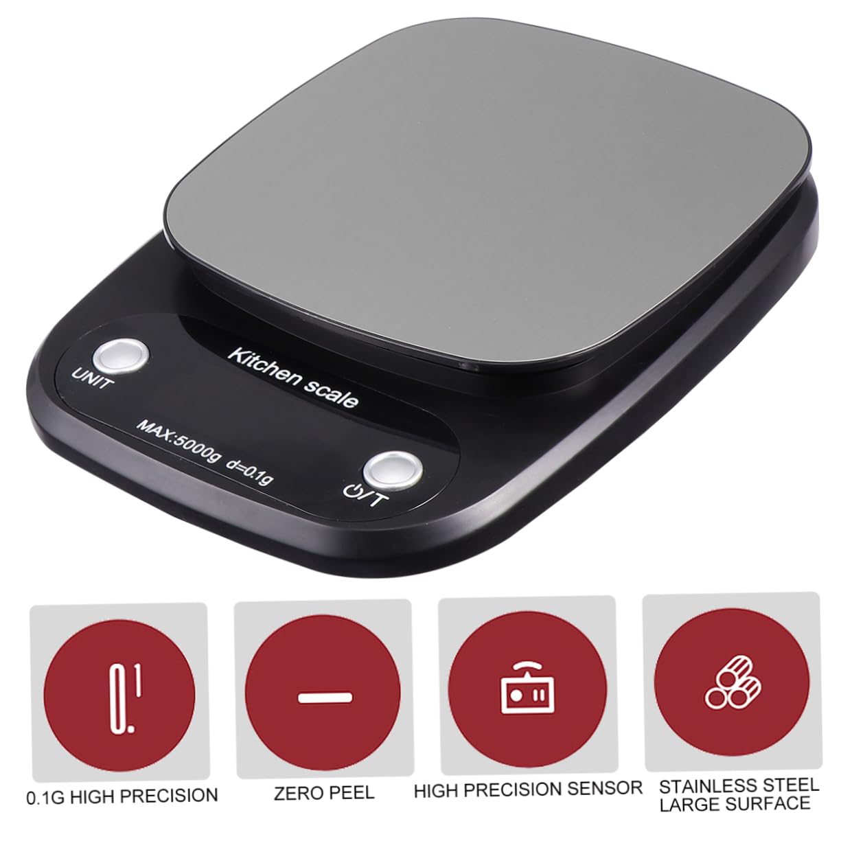 LIFKOME Digitale Küchenwaage aus Edelstahl Schwarz 5kg/0,1g Präzise Lcd Anzeige Leicht zu Reinigen Leichtgewicht ohne Batterien für Backen und Kochen