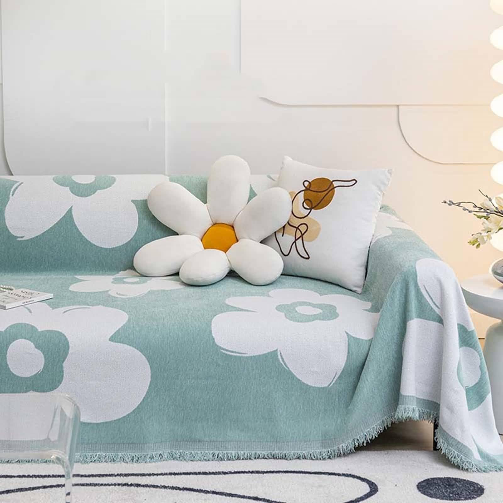Plaid Couverture Canapé, 180x380CM, Convient à 4 Places, Motif Fleurs à Franges, Vert Clair, Housse de Canapé Chenille Protection, Anti Griffe de Chat