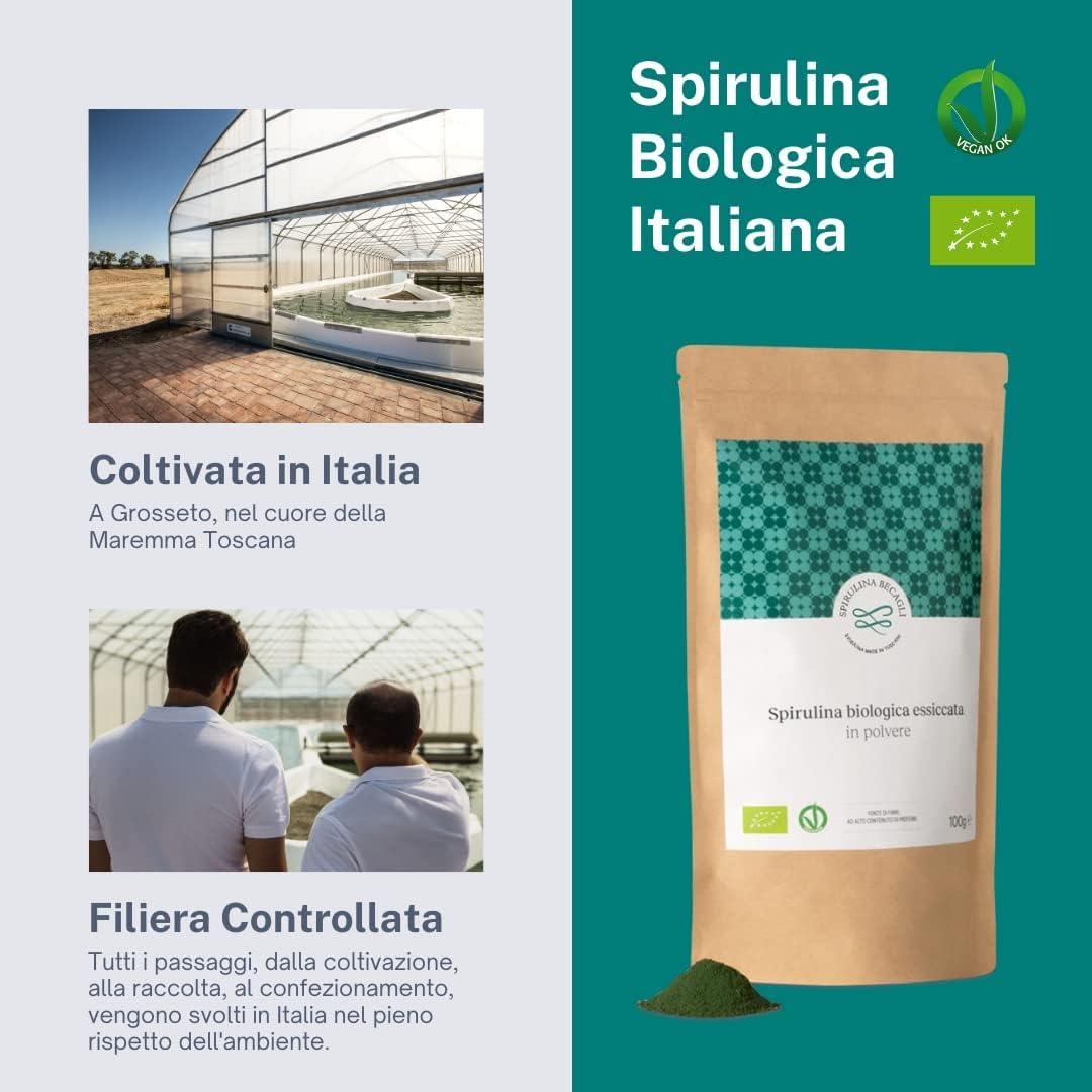 Severino Becagli Spirulina made in Tuscany Spirulina Becagli-Alga Spirulina Essiccata in Polvere-100% Biologica Made in Italy ricca di Ficocianina-Bio-Ok Vegan-Prodotto in Toscana (100 gr.)