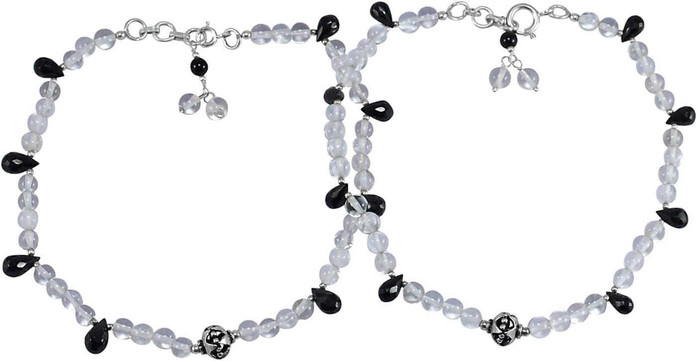 Silvesto India Handmade Jewelry Manufacture Crystal Quartz & Black Onyx Gemstone Jaipur Rajasthan India 925 Sterling Silver Pair Anklet