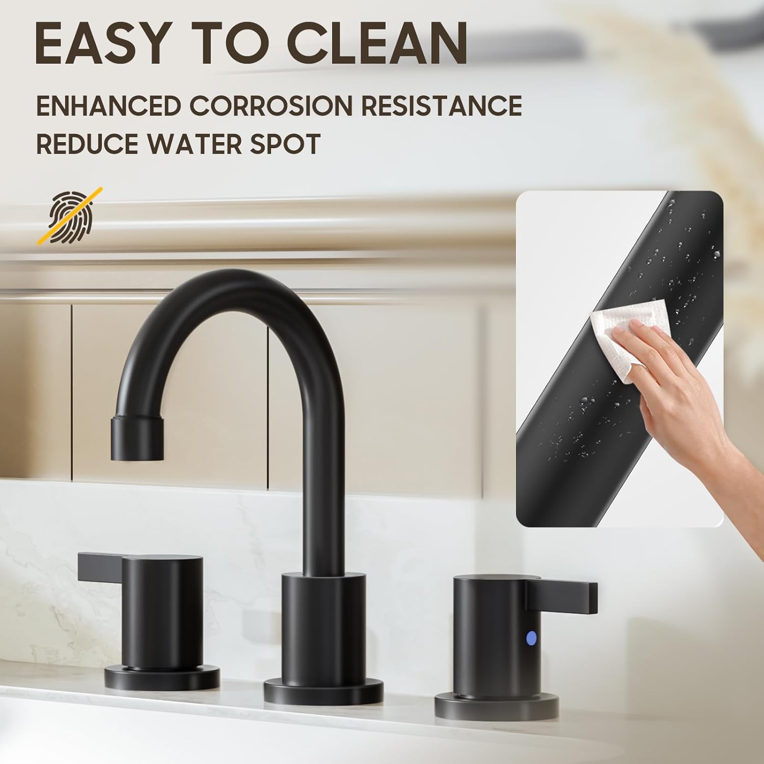 Phiestina Matte Black 8 Inch 3-Hole Widespread Bathroom Sink Faucet with Valve and Metal Pop-Up Drain Assembly, 2-Handle Low-Arch Bathroom Faucets Three Hole, WF015-1-MB