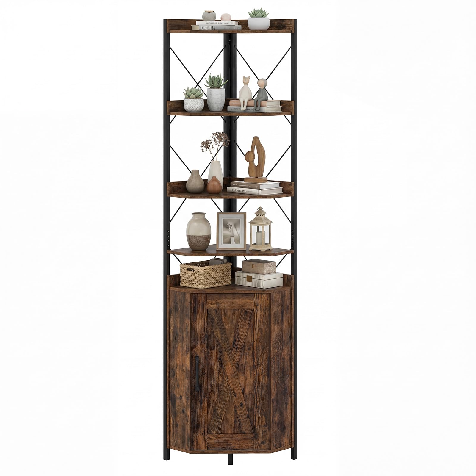 COSTWAY 6-Tier Industrial Corner Shelf, Tall Storage Bookshelf with Door Cabinet, Freestanding Bookcase Display Shelving Unit for Home Office (Rustic Brown, 38 x 38 x 180 cm)