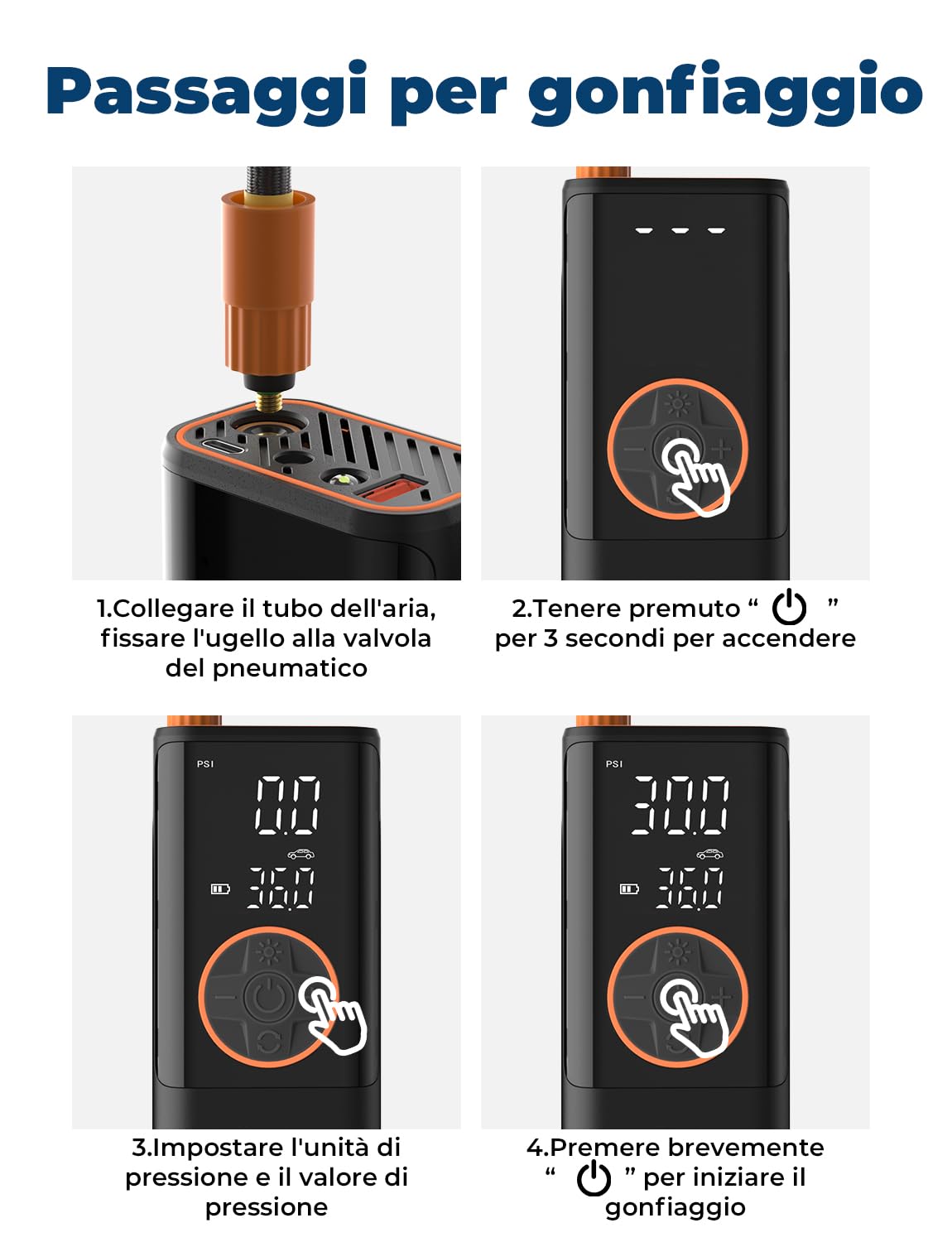 Oasser Compressore Aria Portatile 150PSI, 6000mAh, Inflazione Rapida, Doppio Schermo LCD, Spegnimento Automatico,Torcia LED, per Auto/Moto/Bici