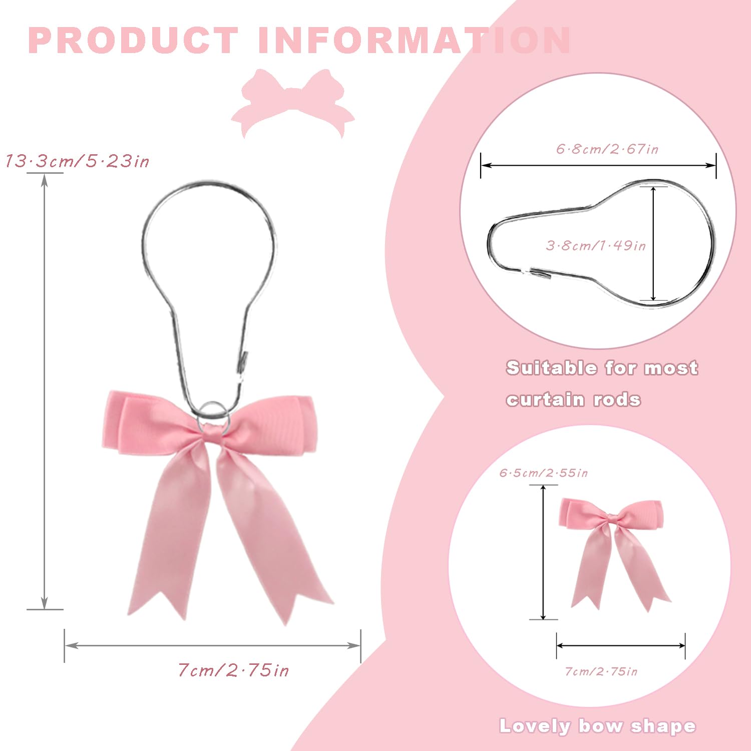 YRMLYMOP Bow Shower Curtain Hooks,12 Pcs Pink Bow Shower Curtain Hooks Cute Bow Knot Ribbon Curtain Hooks Bow Decor Shower Curtain Rings Hanger Bathroom Decor Bathroom Accessories Bow Curtain Hooks