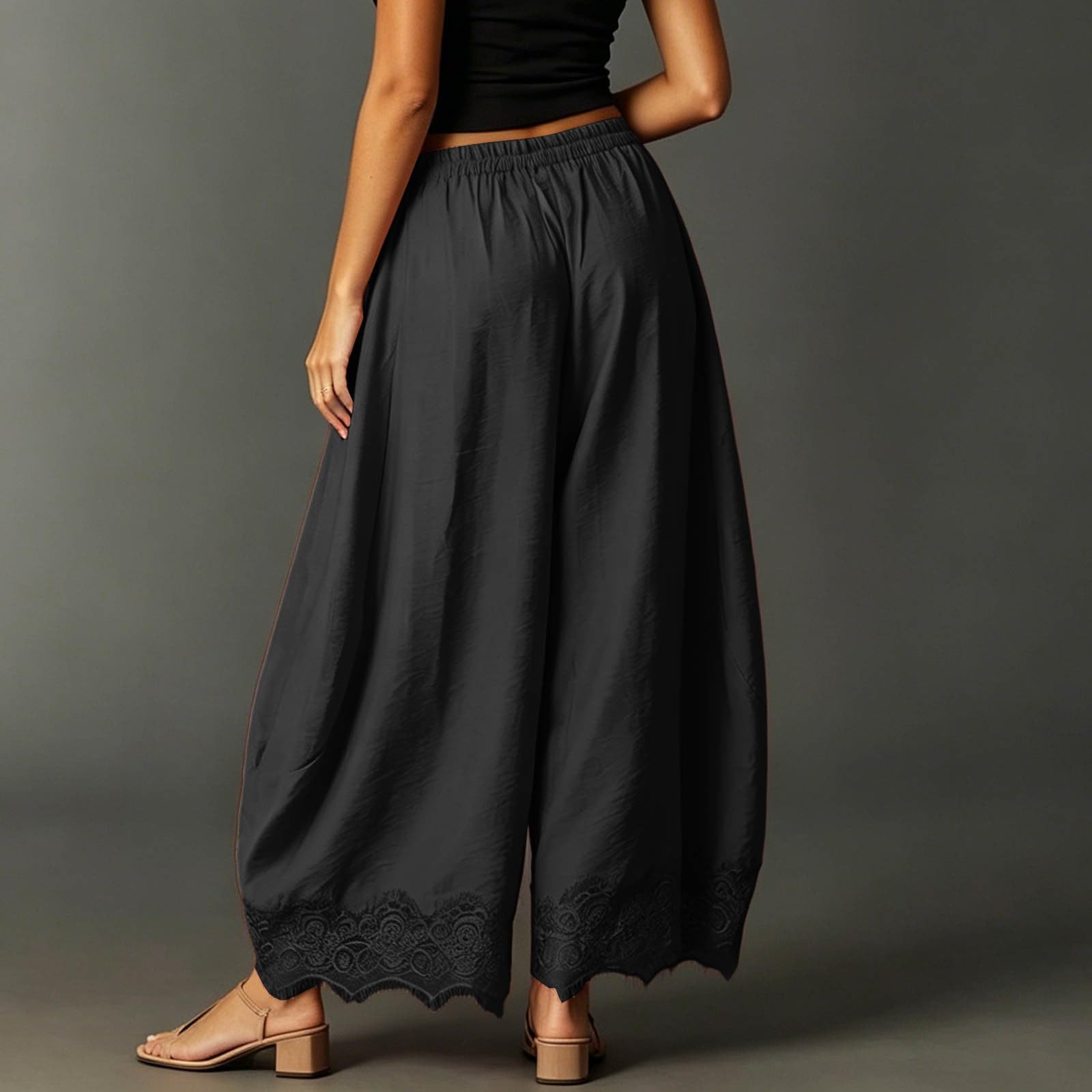 Pantaloni estivi da donna, tinta unita, gamba larga, in pizzo, con pieghe