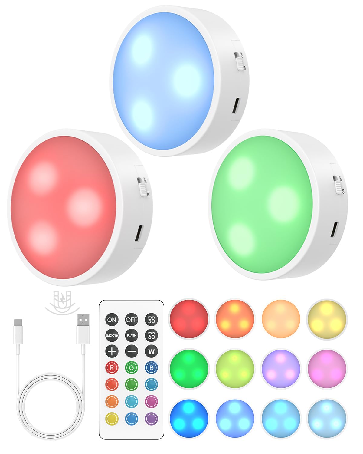 GOODEA.fun Kabellose Unterbauleuchten - Aufladbare 3 RGBW Puck Lights mit Fernbedienung Timer - 13 Farben Dimmbare LED Schrankbeleuchtung -Magnetisch Akku Schrankleuchten Vitrinenbeleuchtung, 3 Stück