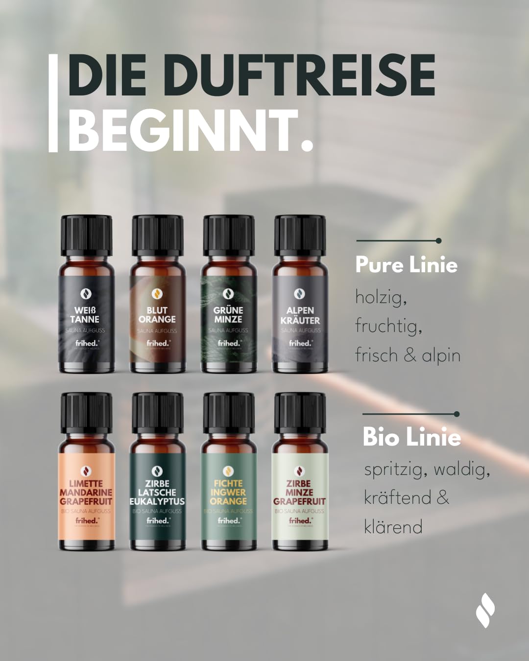 frihed.® Saunaaufguss Duftreise Probierpaket - Hochkonzentrierte Öle - 16x verschiedene Düfte - Geschenkset Sauna - 10ml Glasflaschen - Made in Lüneburg