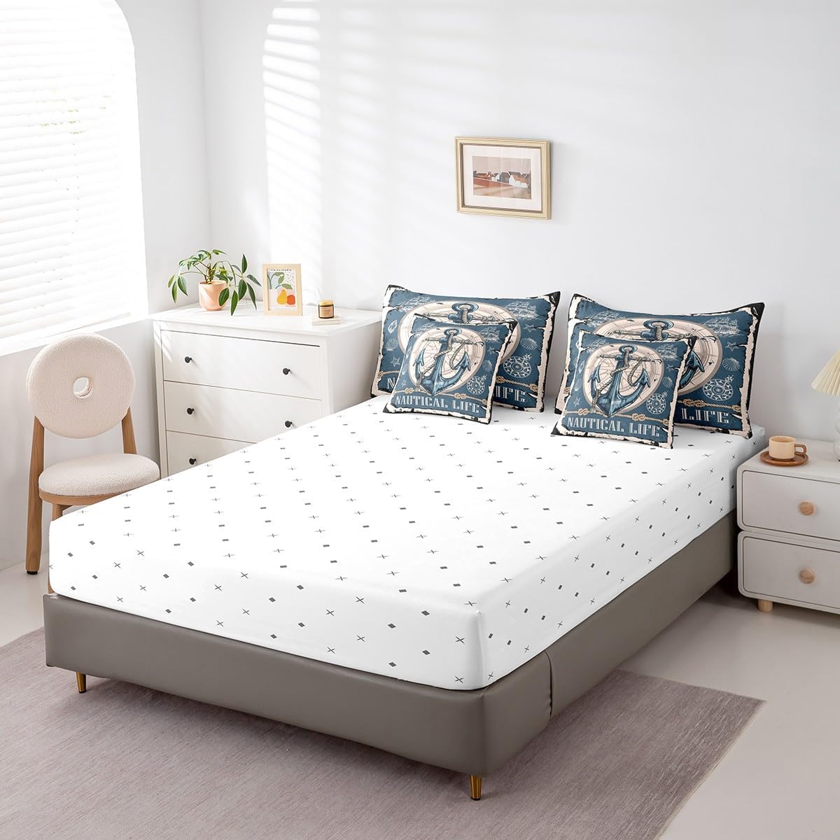 Erosebridal Ocean Comforter Set King,Summer Anchor Bed in A Bag for Kids Teens Adult,Vintage Nautical Bedding Sets(1 Comforter,2 Pillowcases,1 Flat Sheet,1 Fitted Sheet,2 Throw Pillow Covers)