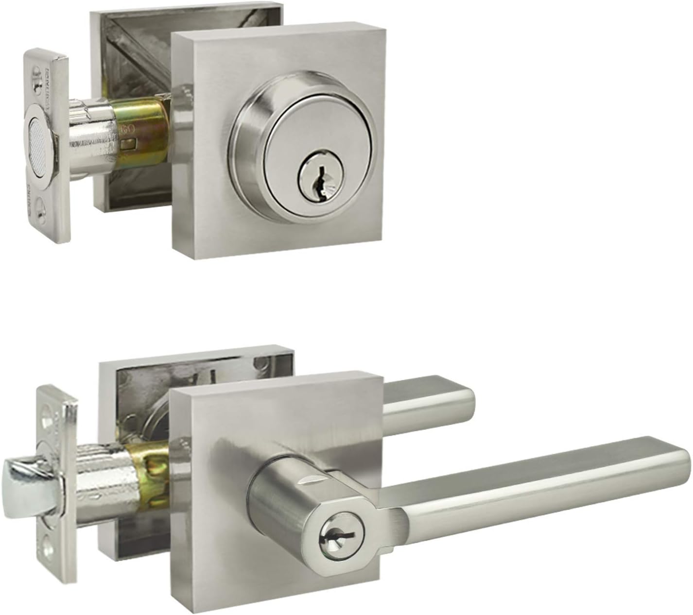 Nuk3y Hulk Series Lever Door Handle Slim Square Modern Contemporary Lever Set (Entry & Deadbolt Combo [Keyed Alike], Satin Nickel)