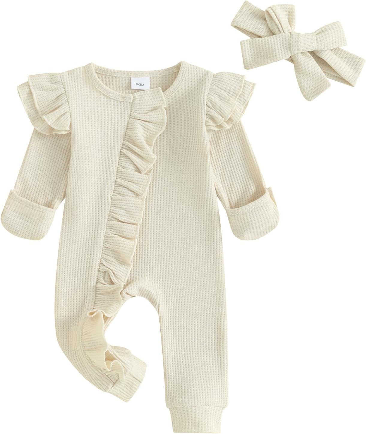 Baby Girl Romper Newborn Coming Going Home Outfit Winter Fall Baby Clothes Waffle Knit Onesie Ruffle Jumpsuit