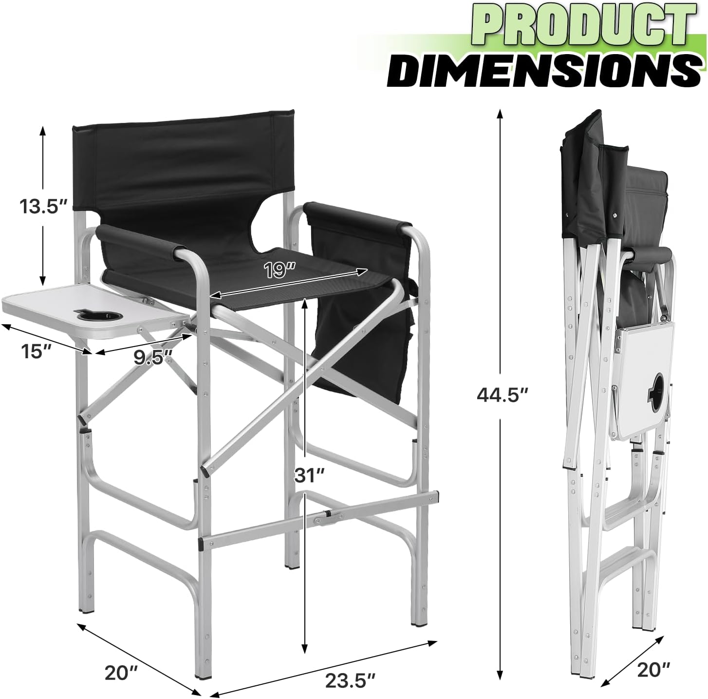 Magshion Tall Director Chair for Vendors & Makeup Artists, 31" Seat Height, 250 lbs Capacity, Folding Chair w/Side Table, Side Pocket & Cup Holder for Booths, Craft Fairs, Camping, 2 Pack, Black