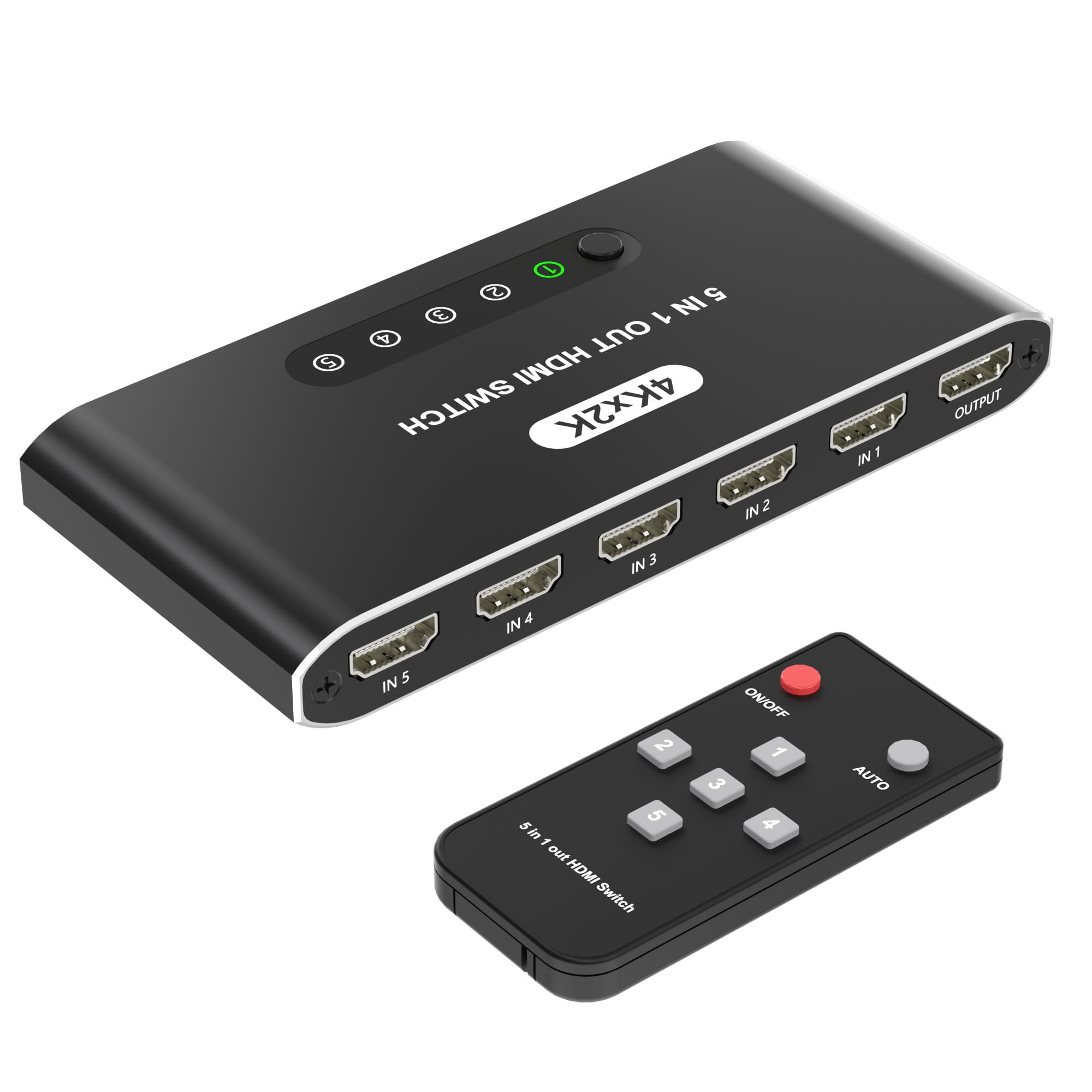 5 in 1 HDMI Switch with Remote 4K, 5 Port HDMI Switcher, HDMI Selector Splitter Box with LED Indicators, Game Switcher Hub with USB Powered for PS5 Xbox Fire Stick Roku TV Monitor