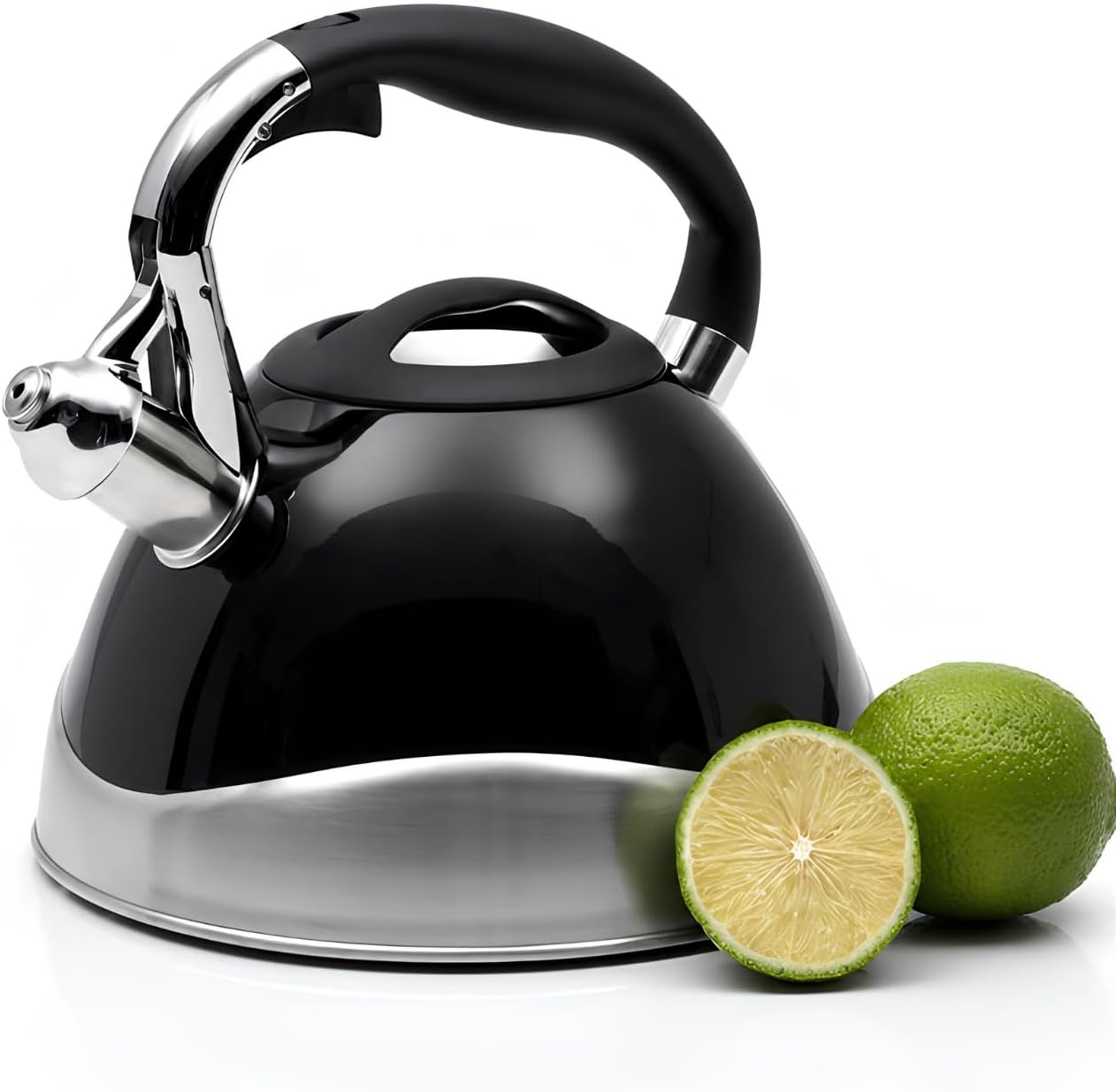Creative Home 3.1 Quart Stovetop Whistling Tea Kettle, Premium Stainless Steel, Fast Boiling Water, Ergonomic Handle With Button-Control Spout, Black