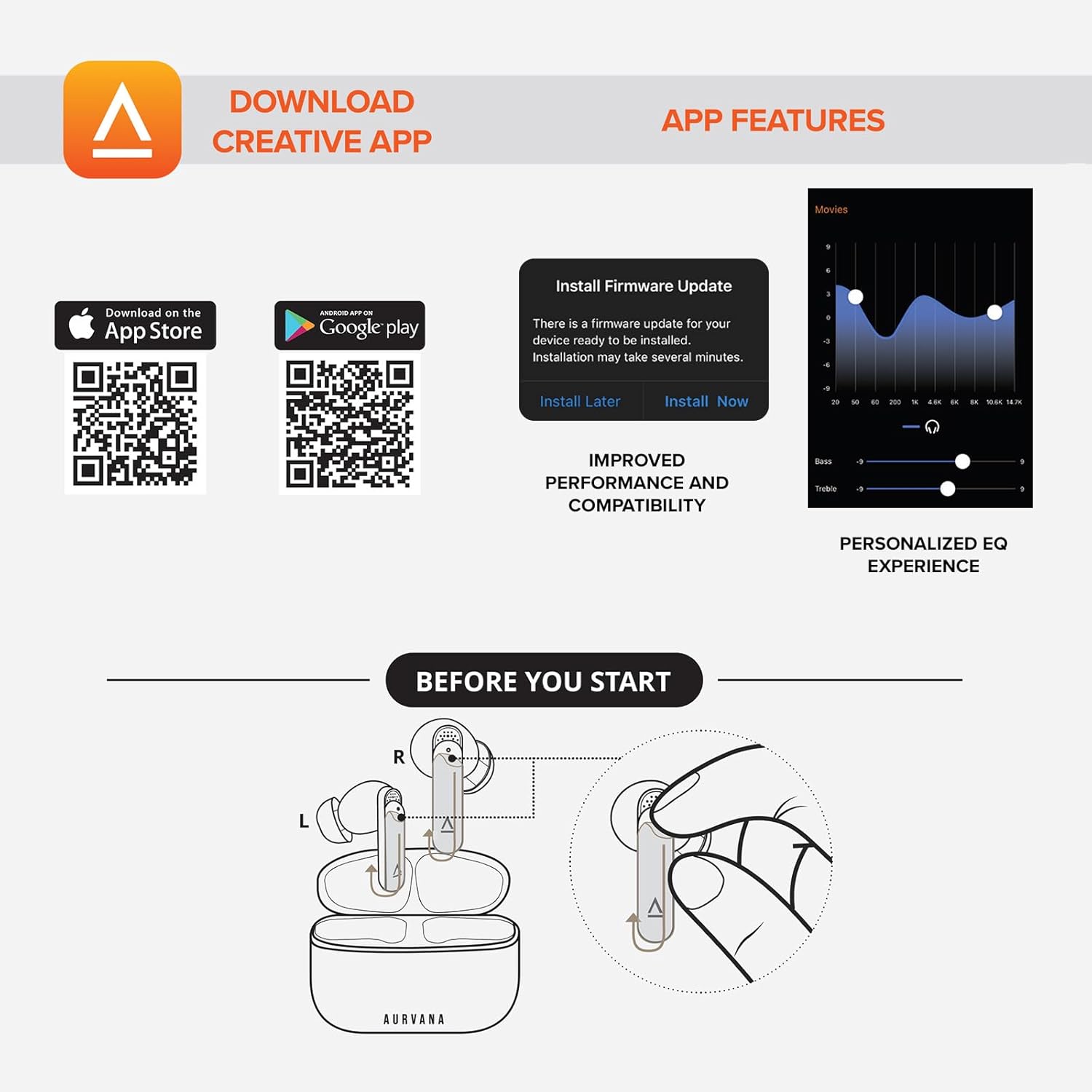 Creative app download QR codes for App Store and Google Play, with app features like firmware update and EQ