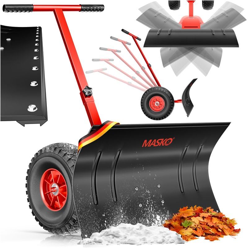 Masko Schneeschaufel auf Rädern höhenverstellbar - 5-Fach Schneeräumen, rückenschonender Schneeschieber, Schneeschild 75 cm Arbeitsbreite-Höhe 42, platzsparend zusammenklappbar, Rot