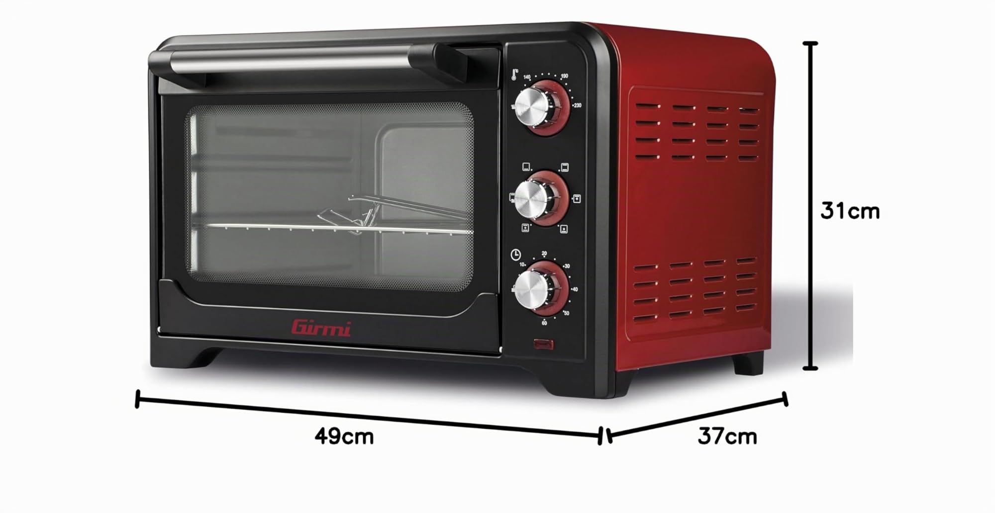 Girmi FE30 Forno Elettrico 1600 W Ventilazione Luce interna Timer Termostato regolabile 230° 4 resistenze Griglia Inox Nero Rosso