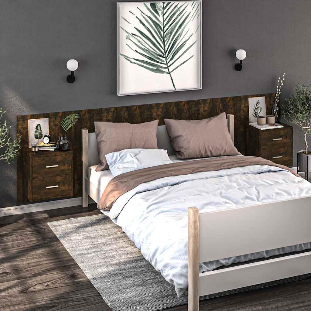 Ścienne stoliki nocne 2 szt. dąb wędzony, wiszący z materiału drewnopochodnego, 48,5 x 32,5 x 80 cm, nośność 50 kg, szafka nocna do sypialni i salonu, miejsce do przechowywania