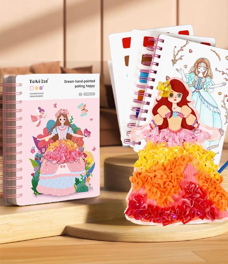 3 in 1 Fashion Design Drawing Book Girls, Creative Puzzle Puncture Painting, Princess Dress-up Poke Art DIY with Watercolor Painting, Stickers, Poking, Kids Childhood Infinite Dream Hand-Painted
