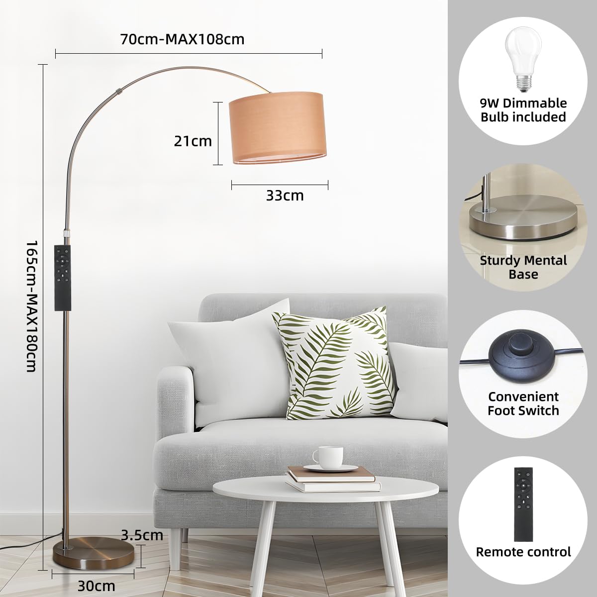 ANTENLICHT AURA Bogenlampe Stehlampe mit Fernbedienung Inklusive LED E27 | Wohnzimmer Stehlampe Dimmbar Nickel I Stoffschirm Braun I Fußschalter I Bogenleuchte Vintage für Schlafzimmer, Hotel