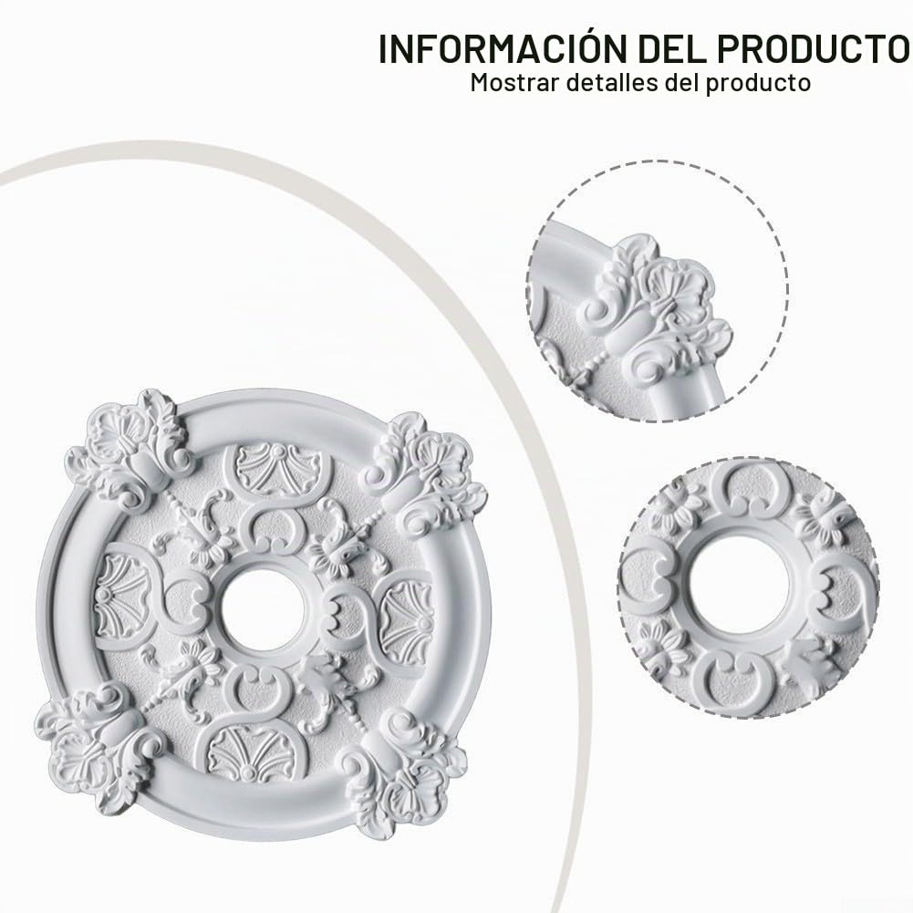 Roseta de techo redonda de PU 50 cm fácil de montar sin taladrar cubierta decorativa para lámparas de techo y ventiladores blanco
