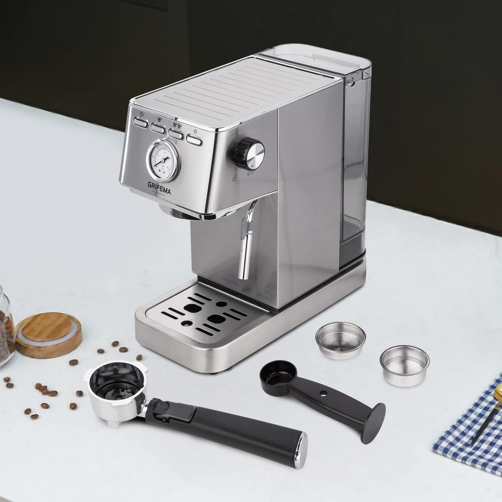 GRIFEMA GC3003 Caffettiera 1.4L, Braccio filtrante con doppia uscita e due filtri, pressione 20 Bar,Caffettiera Elettrica per Espresso e Cappuccino Argento