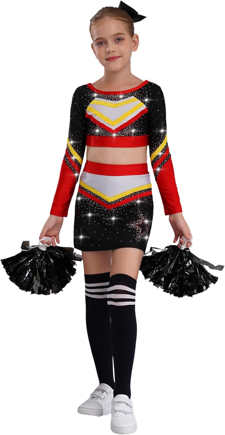 Aislor Cheer Costume for Girls Cheerleading Uniform Dance Themed Party Top with Skirt Headband Socks Pom-pom Red Black 10 Years