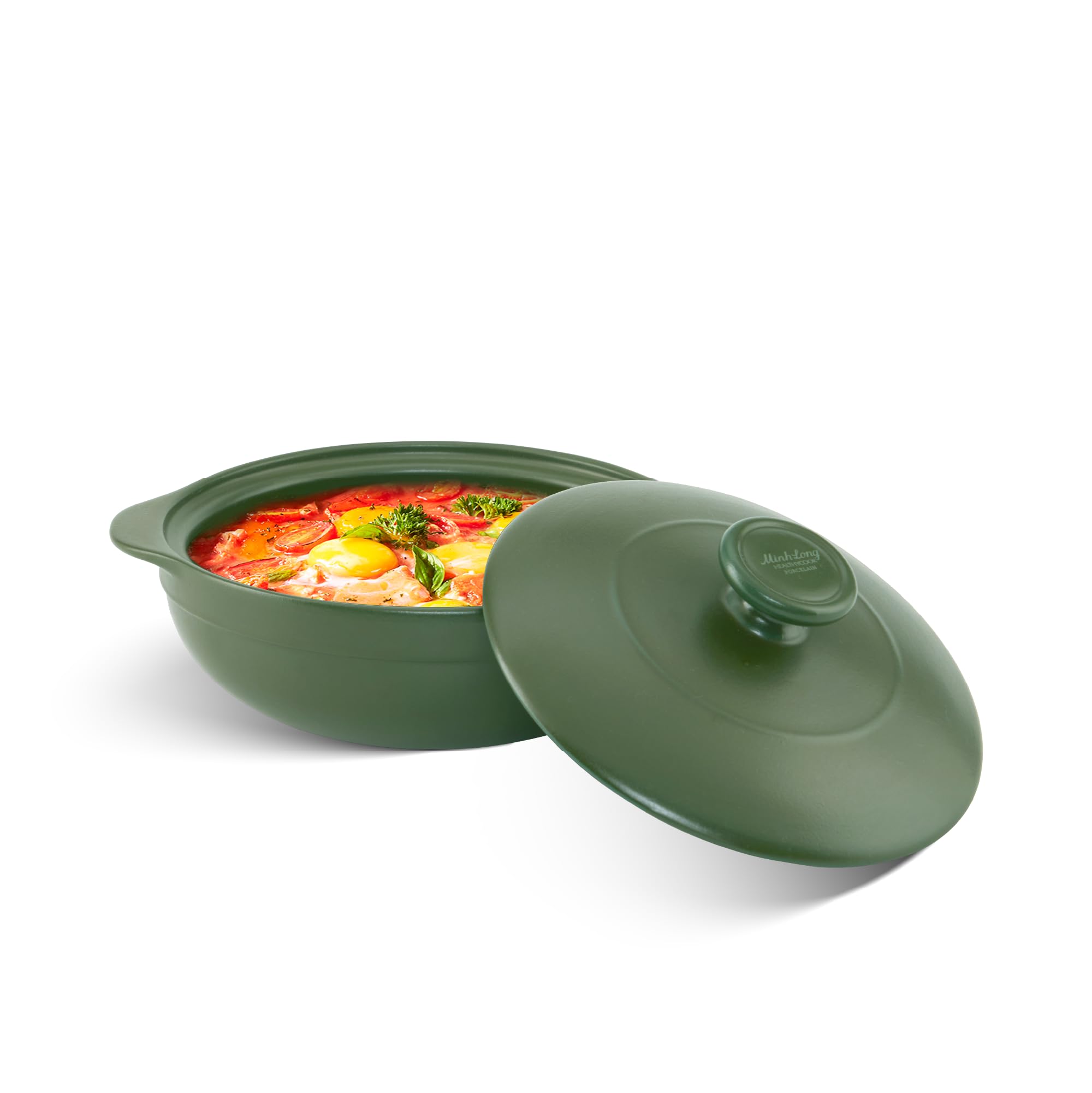 MINH LONG 1-Qt Porcelain Dutch Oven with Lid – Lead & Cadmium Free, Oven Safe to 482°F, Heat Retention, Clay Pot for Cooking on Gas & Infrared Cooktop, Use to Marinate, Cook, Bake, Refrigerate & Serve