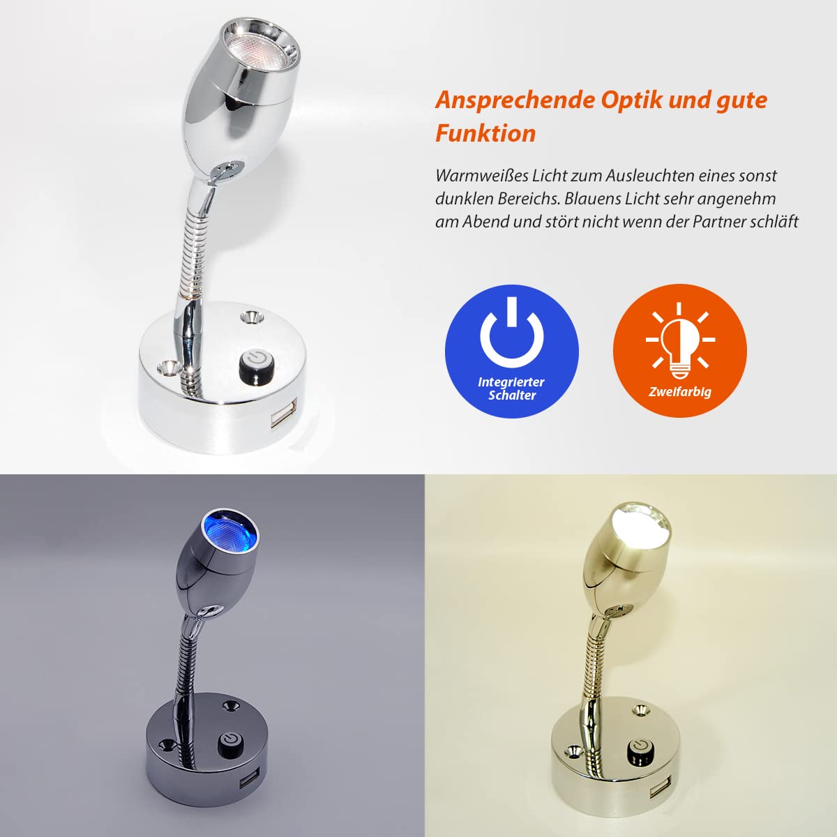 Dream lighting LED Leselampe 12v mit USB für Wohnwagen Wohnmobil DC 12 Volt LED Spots mit Schwanenhals Werchromter Zweifarbig Warmweiß und Blau 2 Stück