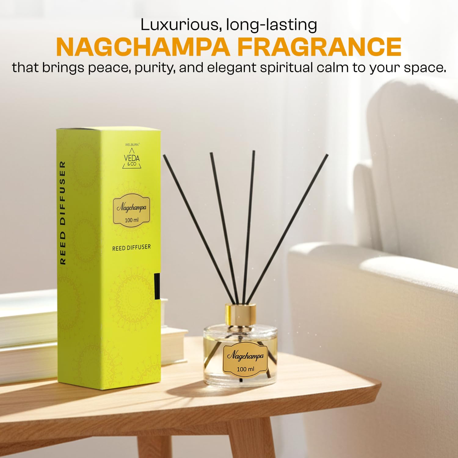 Welburn Veda&Co® Nagchampa Scented Reed Diffuser – 100ml | Long Lasting Aromatic Fragrance for Home Office Living Room Bedroom | Spiritual Air Freshener Decor | 6 Free Reeds | Ready-to-Use Oil Blend 1
