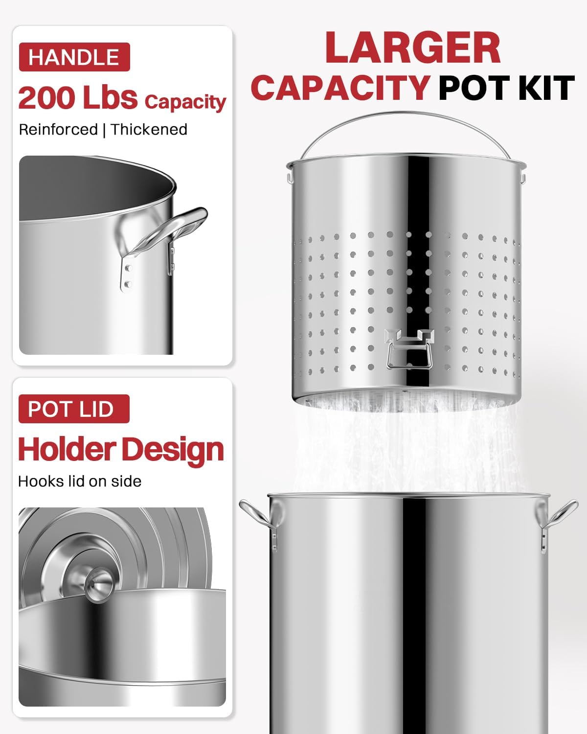 60QT Stainless Steel Seafood Boil Pot | 32" Detachable Mixing Paddle & 40QT Strainer Basket Included | Crawfish Crab Lobster Shrimp Boiler | Outdoor Stock Pot for Large Batch Cooking