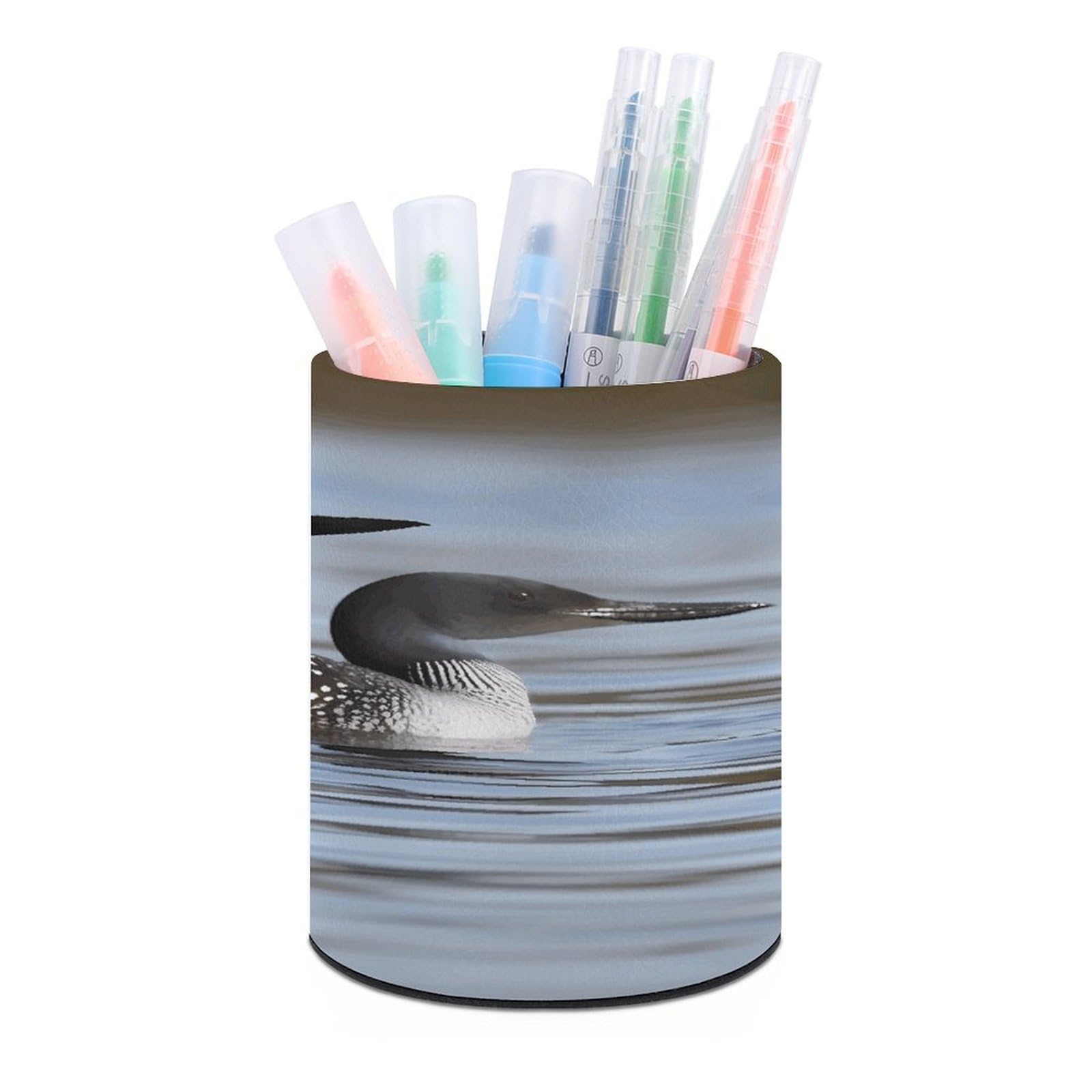 VstaDank Loon Birds Pen Holder Leather Pencil Cup Round Pencil Holder for Desk Organizer Personalized Pen Cup Fashion Pen Organizer Makeup Brush Holders for Office Home&Gift