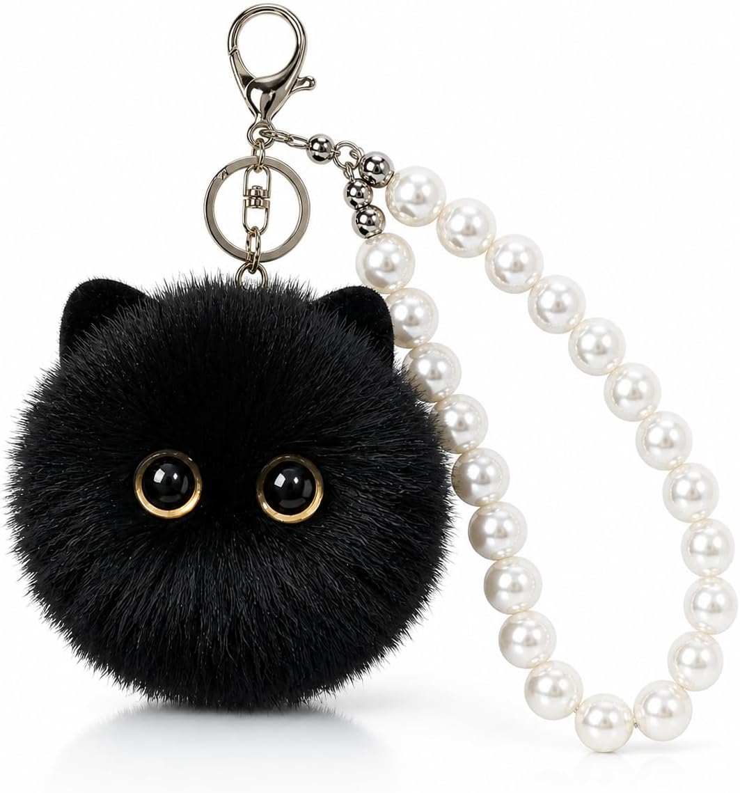 Plush Keychain Bag Charm with Pearl Accent for Handbags & Purses, Cute Backpack Charm for Keys, Gift for Women