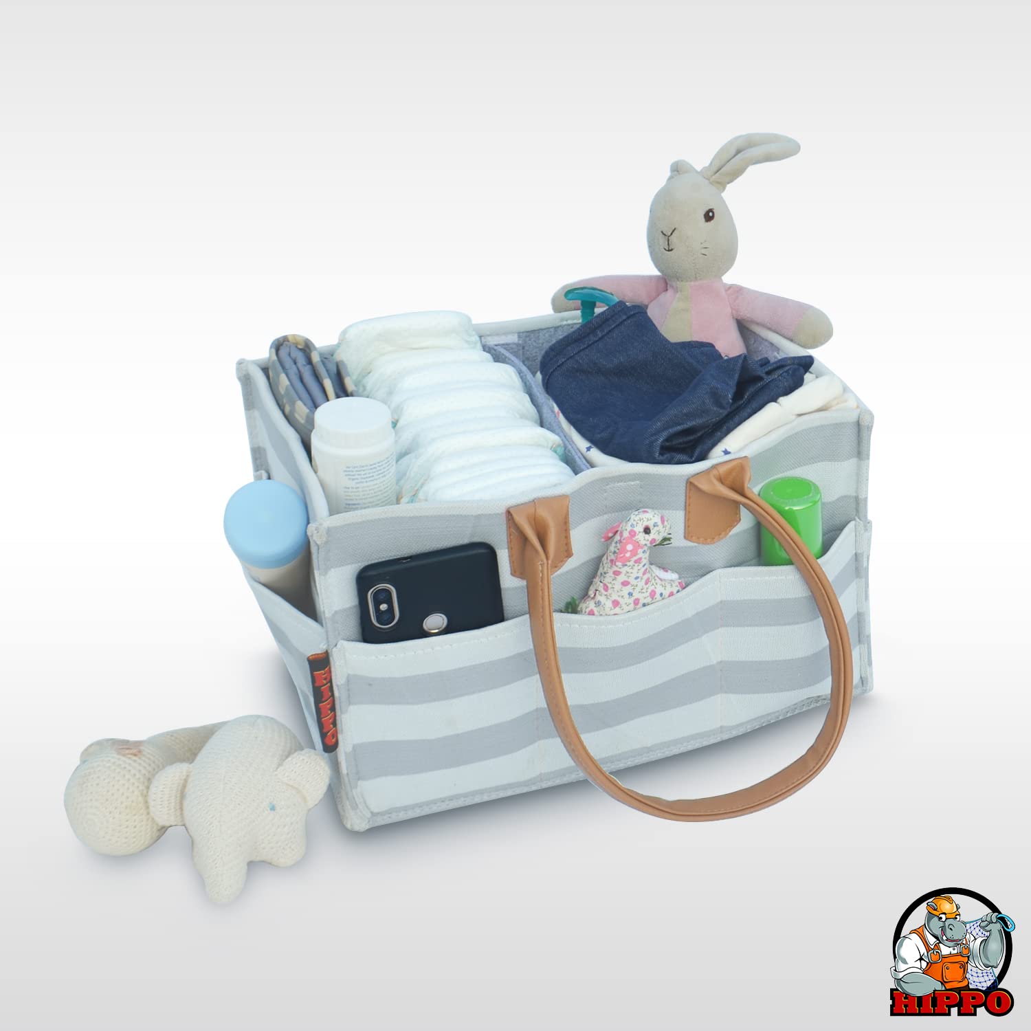 HIPPO Cute Diaper Caddy Bag for Smart Mothers, Baby Diaper Caddy Organizers - Felt Storage Mother Bags - for Diaper & Baby Wipes, Nursery Storage Foldable and Portable (Large, Grey-Stripes) 1