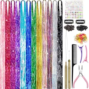 Fairy Hair Tinsel Kit with Tools 12 Colors 2400 Strands 48 Inch Glitter Tinsel Hair Extensions Heat Resistant