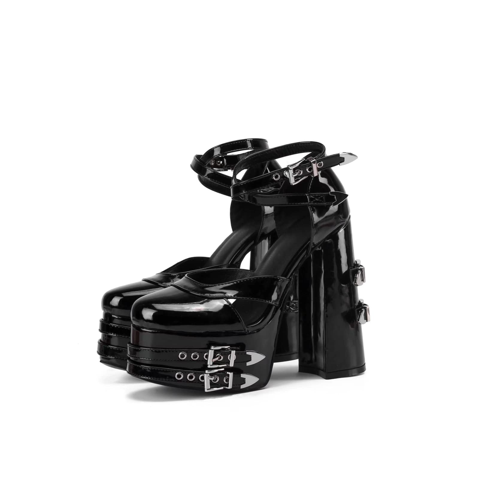 Frankie Hsu Womens Gothic Large Size Black Patent Leather Buckle Belt Shinny Sexy Platform Chunky High Heels Ankle
