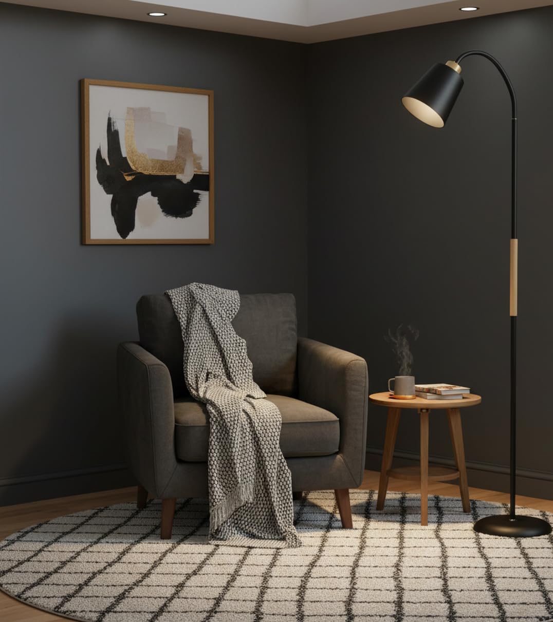 BEL AIR HOME - Lámpara de Pie SWEDEN - Metal Madera Altura 150cm Acabado Mate Brazo Orientable Portalámparas E27 Iluminación Escandinava para Salón y Lectura (NEGRO)