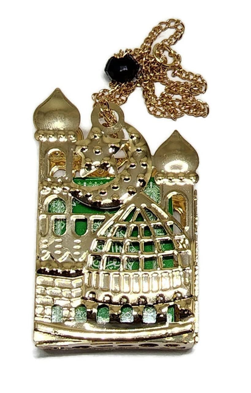 Islam Car Rear Mirror Hanging Decorative Ornament Vehicle Decor AMN-356 Mini Al-Quran in Metal Cage Masjid Mosque Design Pendant Ramadan Eid Muslim Gift (Gold/Green)