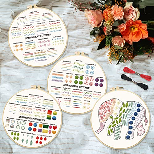 Image of INFUNLY 4 Set Stitches Embroidery Kit for Adults Elephant Cross Stitch Kits for Beginners Stamped Embroidery Kit with Instructions, 2 Embroidery Hoops, Needles, Threads for DIY Craft