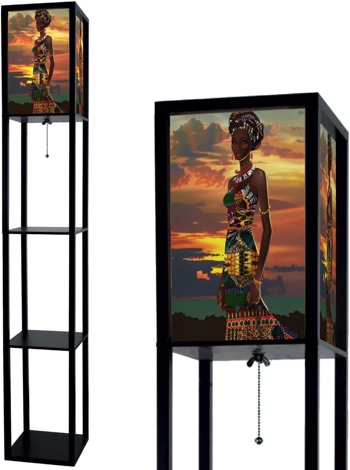 Standing Lamp with Shelves Tall Intricate African Dress Sunset Illustration Vertical Art Modern Wood Corner Lamp for Bedroom Living Room Office Floor Lamp Mid Century Room Decor