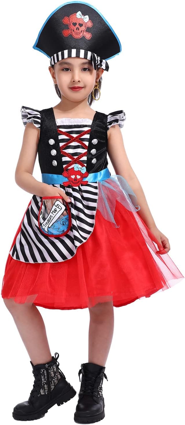 Girl's Pirate Costume Dress，Buccaneer Princess Dress With Sword,Eye-Patch,Coins,Jewels,Earring 5-6years - Image 4