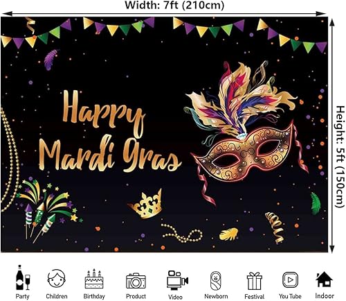 Miniatura 2 de Telón de fondo de Mardi Gras de 7 x 5 pies para fiesta de máscaras, baile de graduación, decoración de fiesta de cumpleaños, suministros de fondo