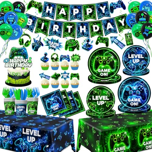 Video Game Birthday Party Decoration - Neon Game Party Tableware Include Plate Napkin Banner Tablecloth Game Level Up Theme Decorations for Boy Gamer Birthday Decor Serves 24