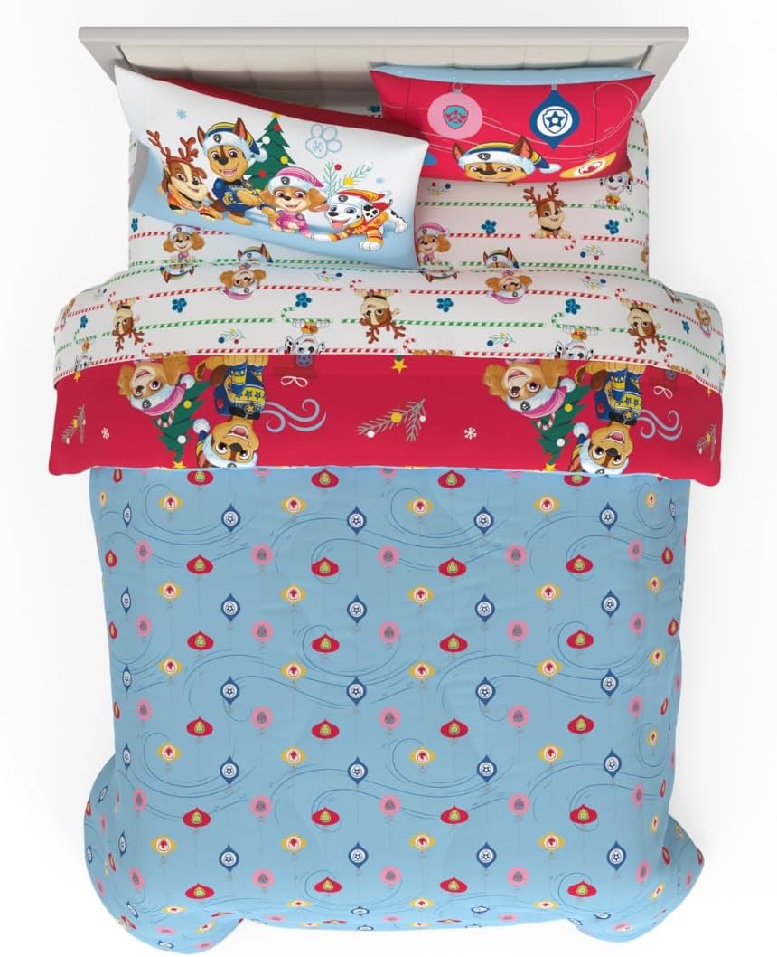 PAW Patrol Holiday & Christmas Kids Bedding Soft Comforter and Sheet Set with Sham, 7 Piece Full Size, (Officially Licensed Product) By Franco