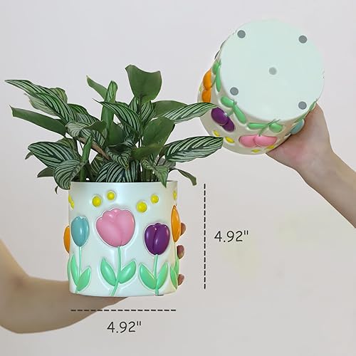 Miniatura 3 de GUGUGO Macetas coloridas de tulipanes, bonitas macetas con agujeros de drenaje, macetas únicas y divertidas para plantas de interior, macetas