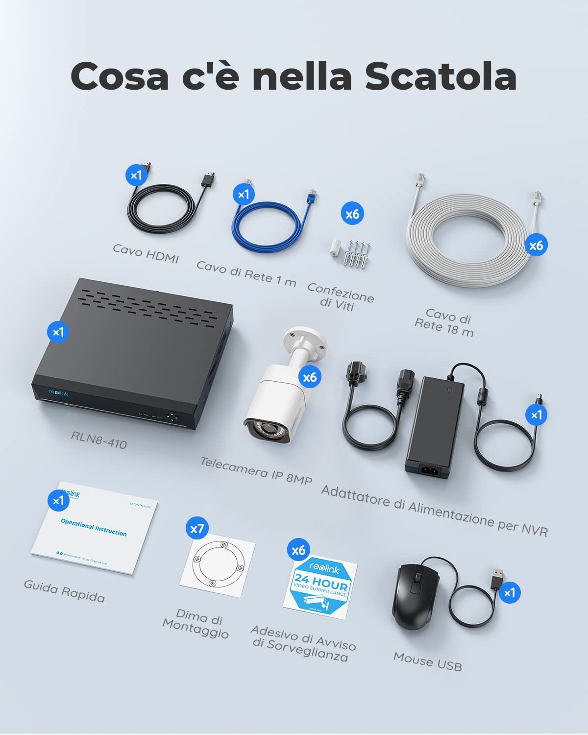 Reolink 4K Kit Videosorveglianza PoE, Rilevamento Intelligente di Uomo e Veicolo, 8CH 2TB NVR + 6x Telecamera Esterno PoE Impermeabile, Visione Notturna Infrarossa 30m, Registrazione 24/7, RLK8-800B6
