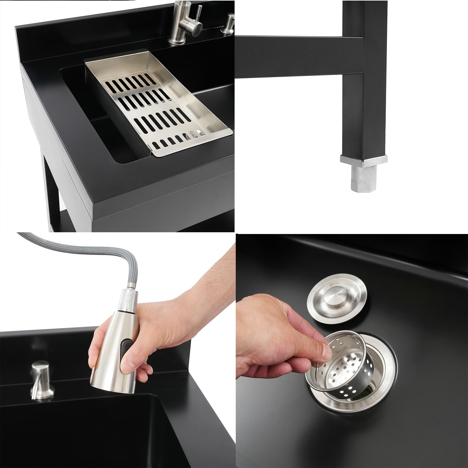 Fregadero de cocina independiente de acero inoxidable, 90 x 60 x 90 cm, fregadero individual extragrande, fregadero comercial con grifo extraíble y escurridor para lavandería, restaurantes (negro)